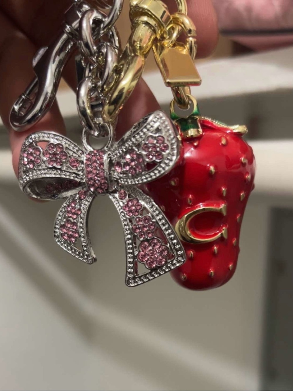 Pink Crystal Bow Coach Keychain Charm